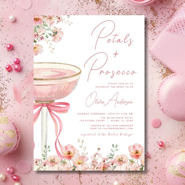 Pink Bow Petals & Prosecco Blush Brautparty Einladung (Von Creator hochgeladen)