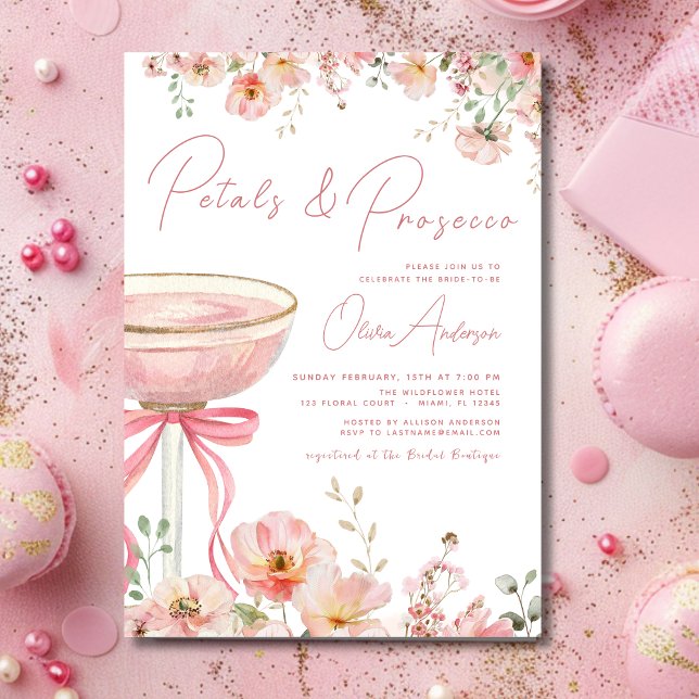 Pink Bow Petals & Prosecco Blush Brautparty Einladung (Von Creator hochgeladen)