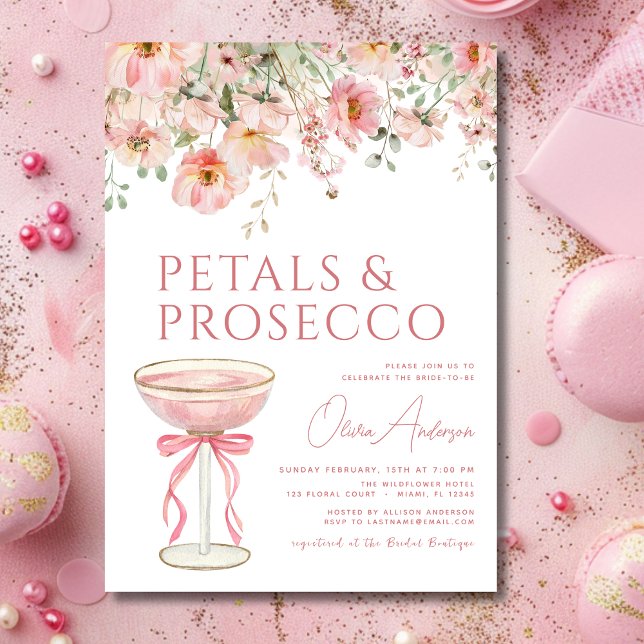 Pink Bow Petals & Prosecco Blush Brautparty Einladung (Von Creator hochgeladen)
