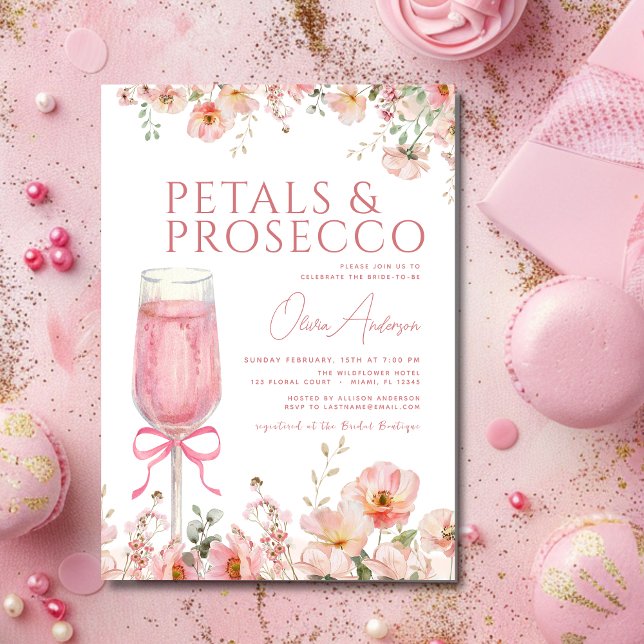 Pink Bow Petals & Prosecco Blush Brautparty Einladung (Von Creator hochgeladen)