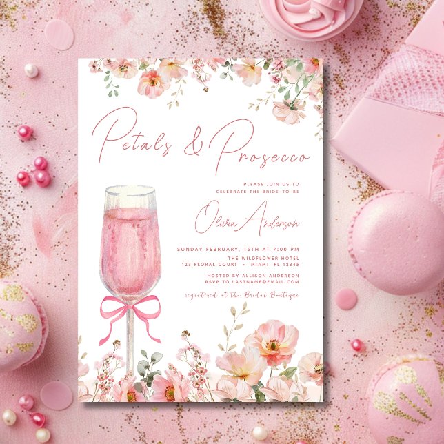 Pink Bow Petals & Prosecco Blush Brautparty Einladung (Von Creator hochgeladen)