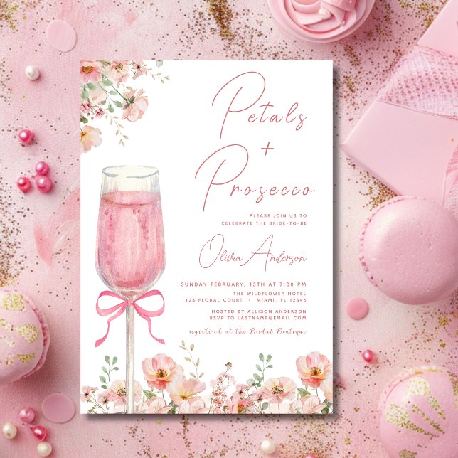 Pink Bow Petals & Prosecco Blush Brautparty Einladung (Von Creator hochgeladen)