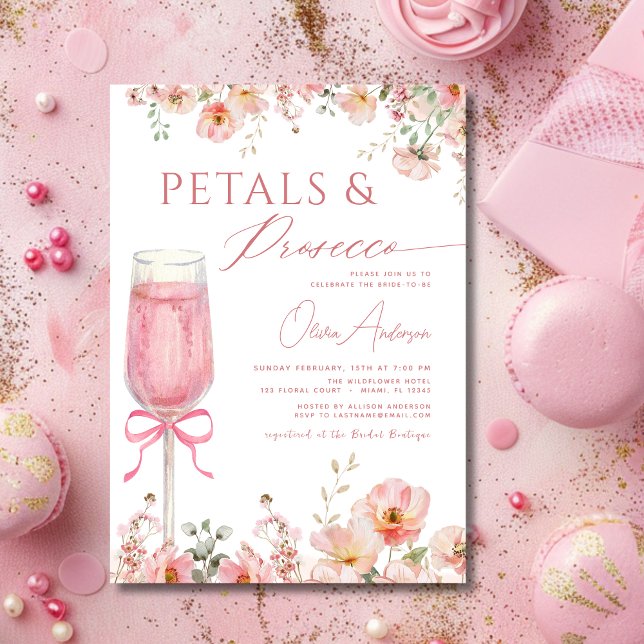 Pink Bow Petals & Prosecco Blush Brautparty Einladung (Von Creator hochgeladen)