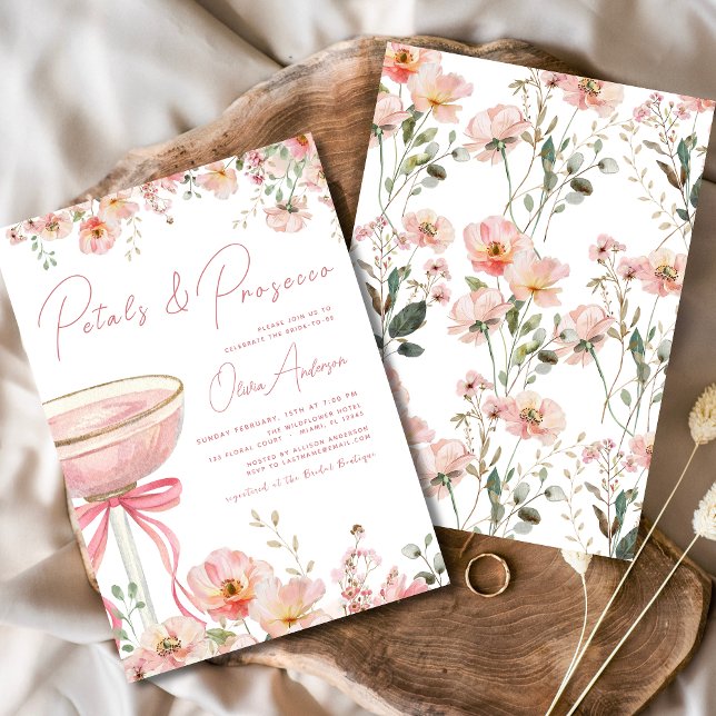 Pink Bow Petals & Prosecco Blush Brautparty Einladung (Von Creator hochgeladen)