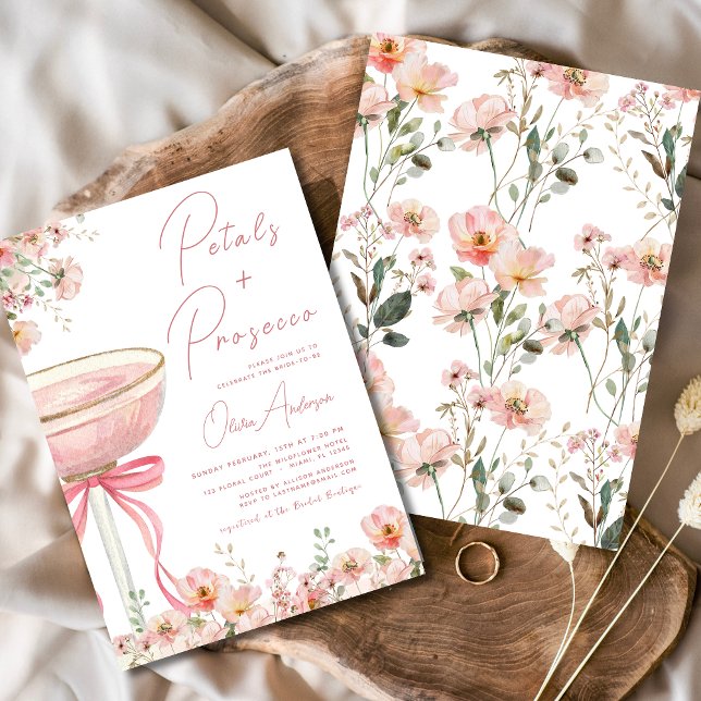Pink Bow Petals & Prosecco Blush Brautparty Einladung (Von Creator hochgeladen)