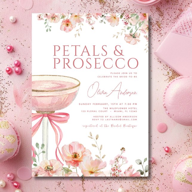 Pink Bow Petals & Prosecco Blush Brautparty Einladung (Von Creator hochgeladen)