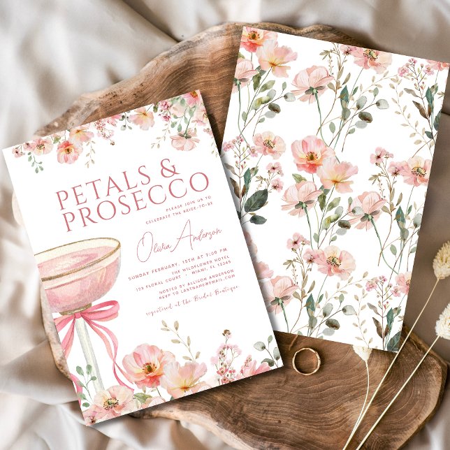 Pink Bow Petals & Prosecco Blush Brautparty Einladung (Von Creator hochgeladen)