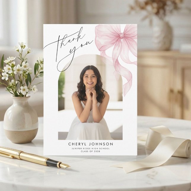 Pink Bow Photo Graduation Thank You Card Dankeskarte (Von Creator hochgeladen)