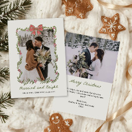 Pink Bow Photo Married and Bright Holiday Card Feiertagskarte