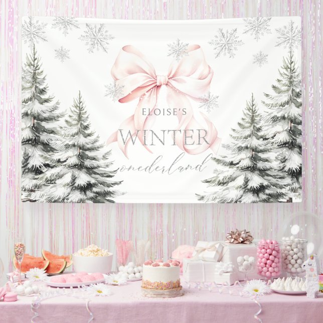 Pink Bow Pine Trees Winter Onederland 1. Geburtsta Banner (Party)