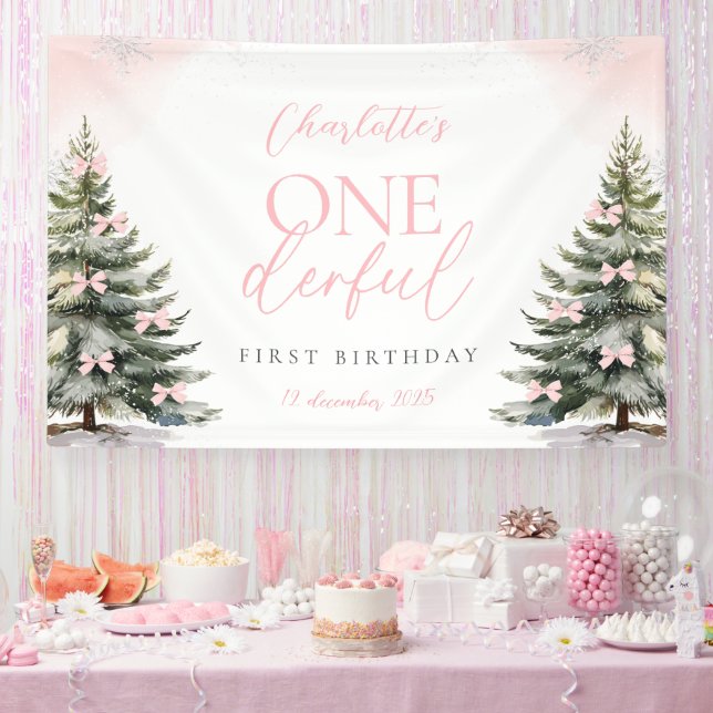 Pink Bow Pine Trees Winter Onederland 1st Birthday Banner (Party)