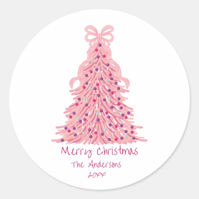 Pink Bow Pink Christmas Tree Runder Aufkleber (Vorderseite)