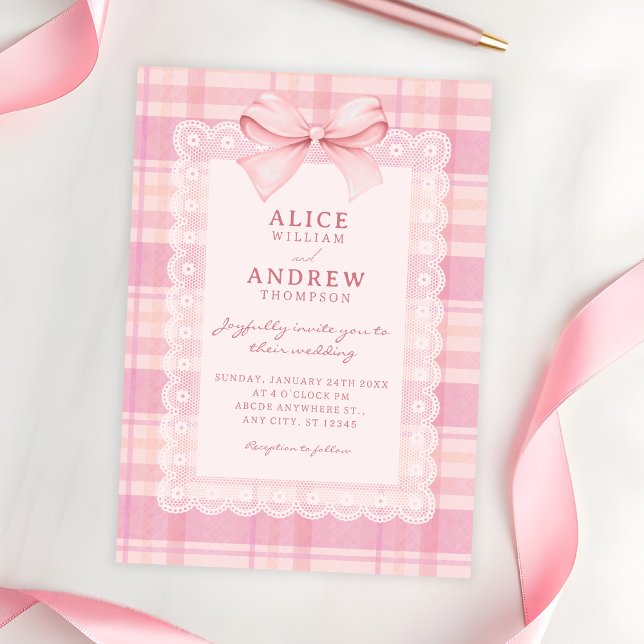 Pink bow plaid wedding einladung (Von Creator hochgeladen)