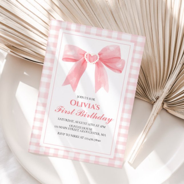 Pink Bow Preppy Coquette 1. Geburtstag Einladung (Von Creator hochgeladen)