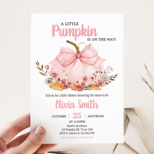Pink Bow Pumpkin Baby Dusche Einladung (Girl Bow Pumpkin Baby Shower Invitation)