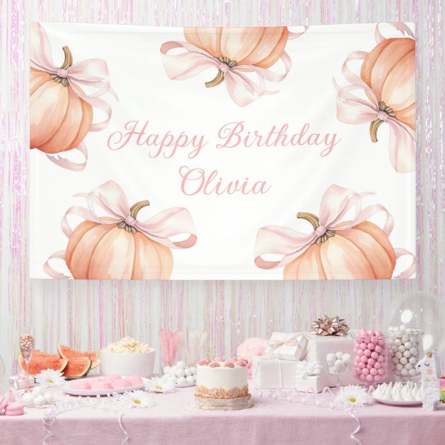 Pink Bow Pumpkin Birthday Backdrop Banner (Party)