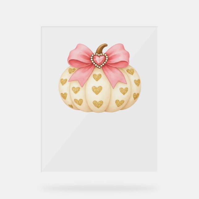 Pink Bow Pumpkin mit Golden Hearts - Coquette Fal Acrylschild (Vorderseite)