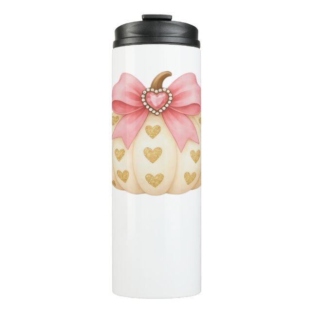 Pink Bow Pumpkin mit Golden Hearts - Coquette Fal Thermosbecher (Vorderseite)