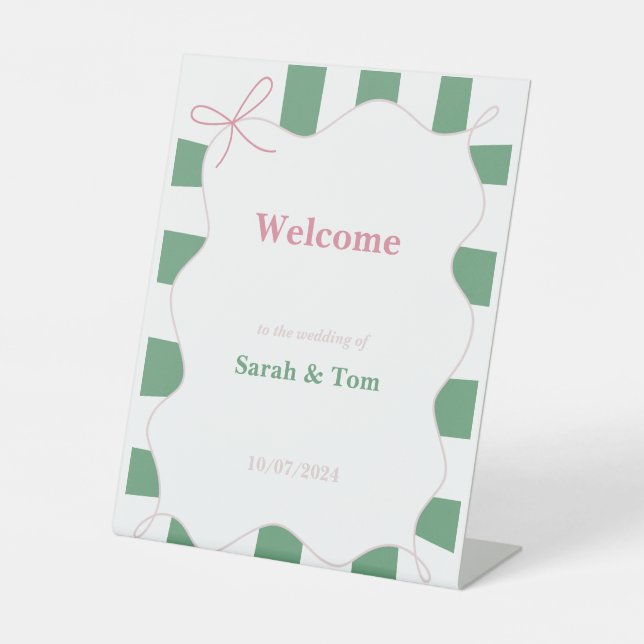 Pink Bow Rahmen Striping Wedding Pedestal Zeichen Sockelschild (Vorderseite)