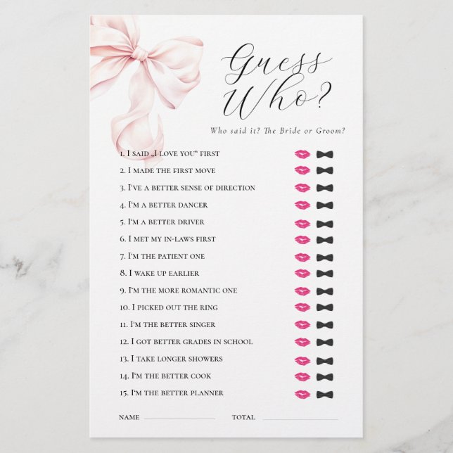 Pink Bow rät, wer Brautparty-Spiel Briefpapier (Vorderseite)