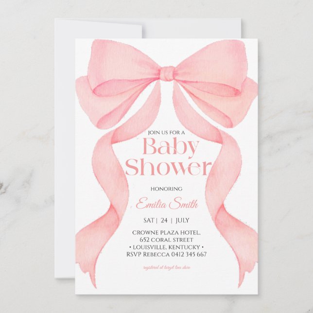 Pink bow ribbon baby shower  einladung (Vorderseite)