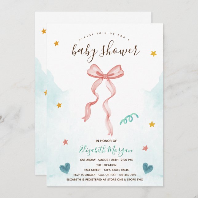 Pink Bow Ribbon Stars Herz Babydusche Einladung (Vorne/Hinten)