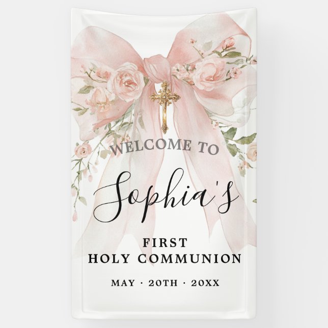 Pink Bow Rose Floral Girl First Communion Vertical Banner (Vertikal)