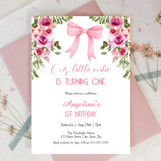 Pink Bow Rose Floral Kleine Süsse Geburtstag Einladung