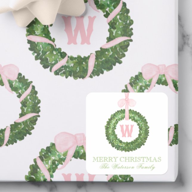 Pink Bow Sash Weihnachtscreme Wraath Umrandung Quadratischer Aufkleber (Von Creator hochgeladen)