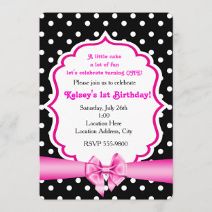 Pink Bow Schwarz-weiß Polka Dot Party Einladung
