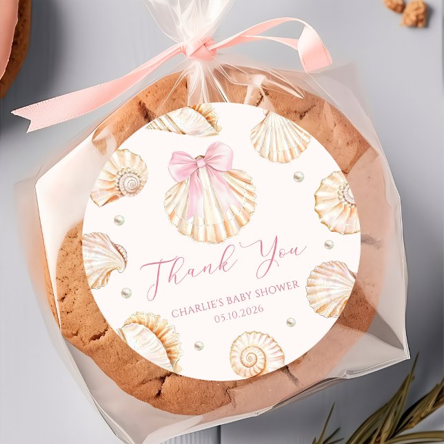 Pink Bow Seashell Coastal Baby Shower Sticker (Von Creator hochgeladen)