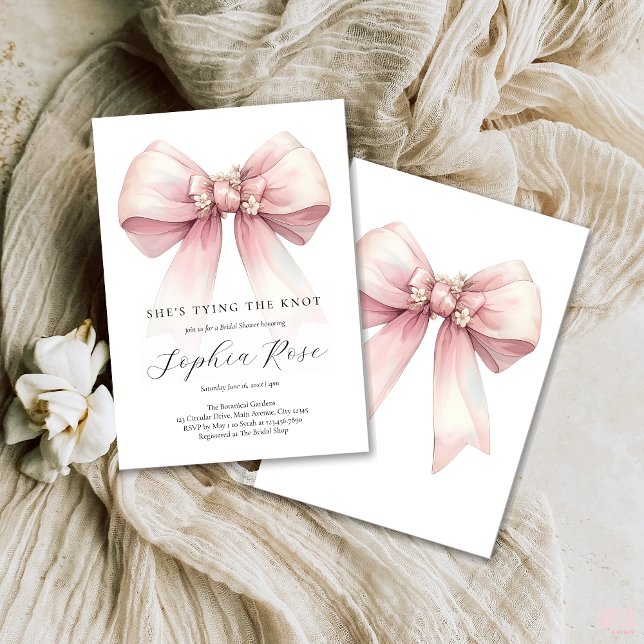 Pink Bow Sie bindet das Brautparty des Knotens Einladung (Shes tying the knot bridal shower invitation with pink bow for modern coquette theme)