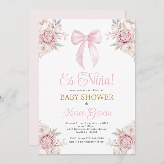 Pink Bow Spanish Baby Shower Girl Einladung (Vorne/Hinten)