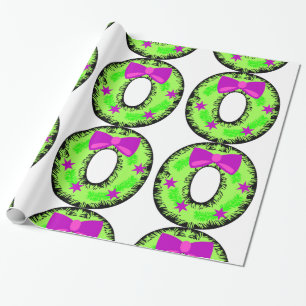 Pink Bow Stars und Green Christmas Holiday Wreath Geschenkpapier