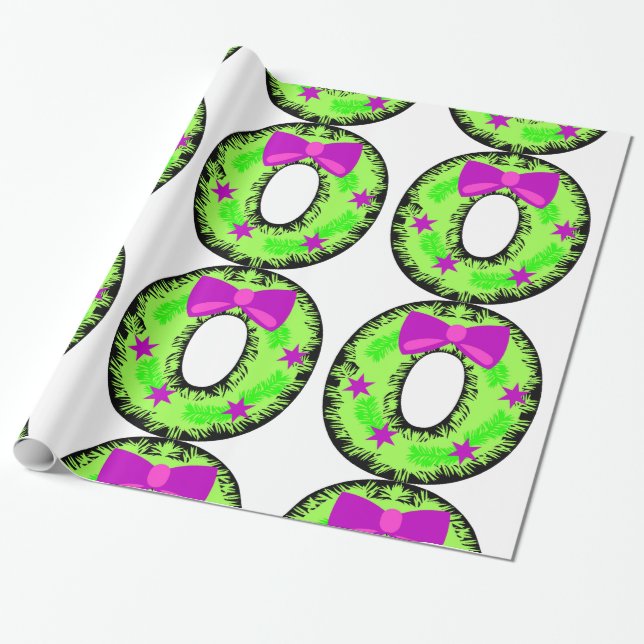 Pink Bow Stars und Green Christmas Holiday Wreath Geschenkpapier (Ungerollt)