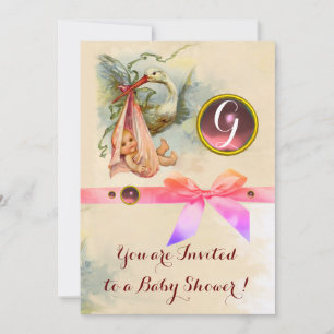 PINK BOW STORK GIRL BABY SHOWER GEMSTONE MONOGRAM EINLADUNG