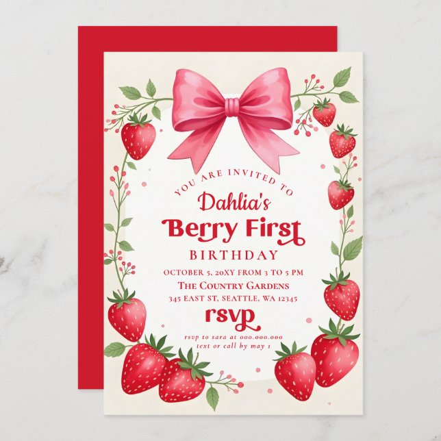 Pink Bow Strawberry Birthday Berry Erster Geburtst Einladung (Vorne/Hinten)