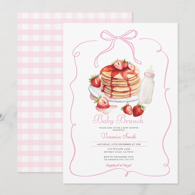 Pink Bow Strawberry Pancake Baby Brunch Einladung (Vorne/Hinten)