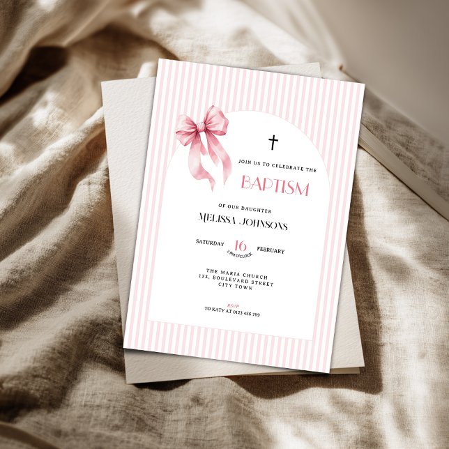 Pink Bow Striped Baptism Invitation for Girls Einladung (Pink bow baptism invitation for girls. )