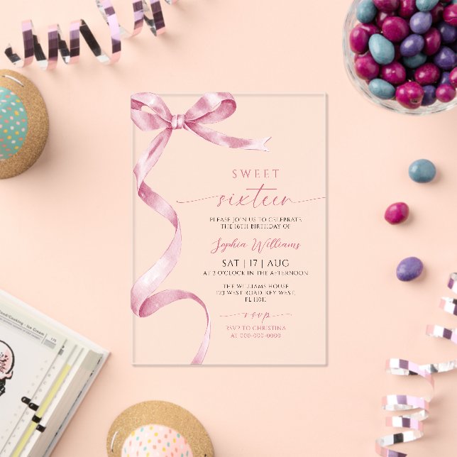 Pink Bow Sweet 16 Birthday  Acryleinladungen (Insitu (Feier))
