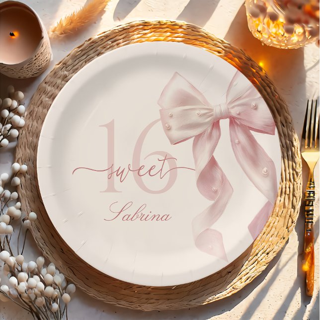 Pink Bow Sweet 16 Birthday Paper Plate Pappteller (Von Creator hochgeladen)