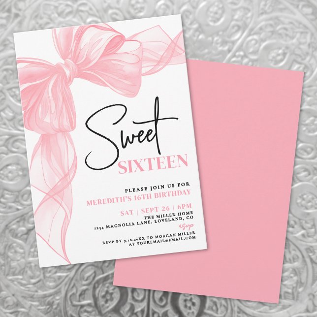 Pink Bow Sweet Sixteen 16th Birthday Einladung (Pink Bow Sweet Sixteen 16th Birthday Invitation)
