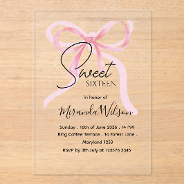 Pink Bow Sweet Sixteen Birthday Acrylic Invitation Acryleinladungen