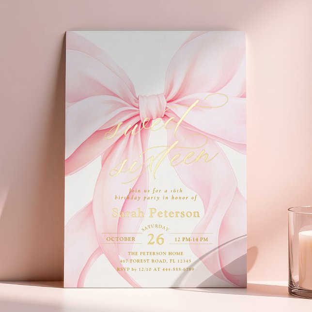 Pink Bow Sweet Sixteen Birthday Foil Invitation Folieneinladung (Von Creator hochgeladen)