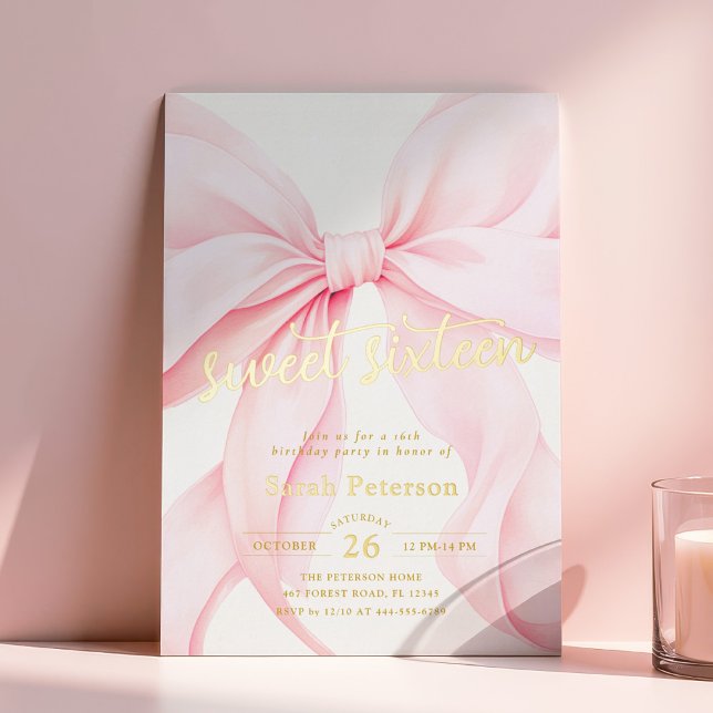 Pink Bow Sweet Sixteen Birthday Foil Invitation Folieneinladung (Von Creator hochgeladen)