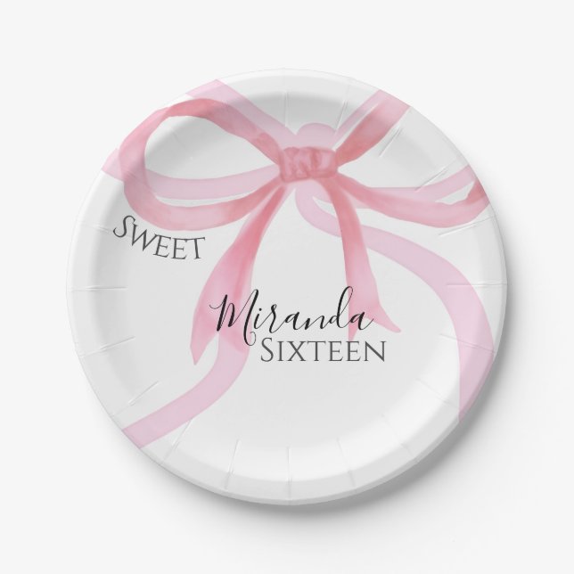Pink Bow Sweet Sixteen Birthday Pappteller (Vorderseite)