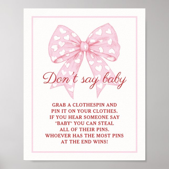 Pink Bow Sweetheart Baby Shower Say Baby nicht Poster (Vorne)