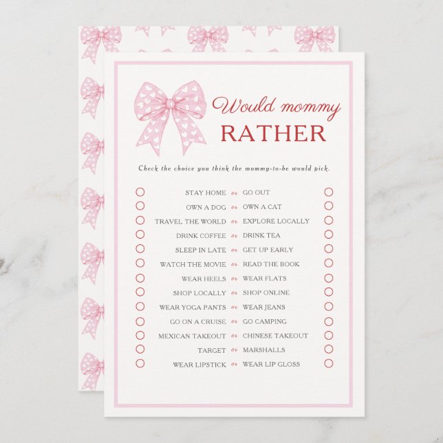 Pink Bow Sweetheart Baby würde Mommy eher Spiel Hinweiskarte (Vorne/Hinten)