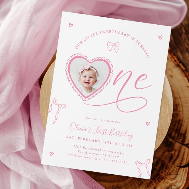 Pink Bow Sweetheart First Birthday Invitation Einladung (Von Creator hochgeladen)