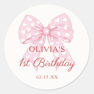 Pink Bow Sweetheart Girl 1. Geburtstag Runder Aufkleber